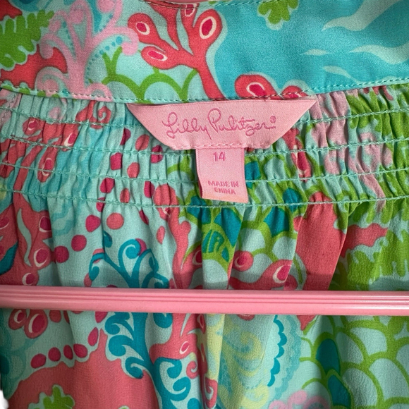 Lilly Pulitzer Elsa Silk Top Dream Team Print Pink Aqua Green Size 14 - Picture 2 of 6